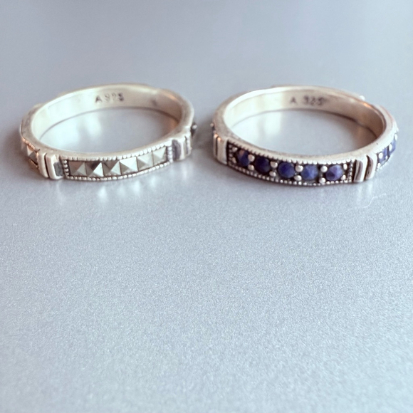 Marcasite & Lapis Reverse Set Gemstone Sterling Silver Two Stacking Band Rings - Picture 2 of 9